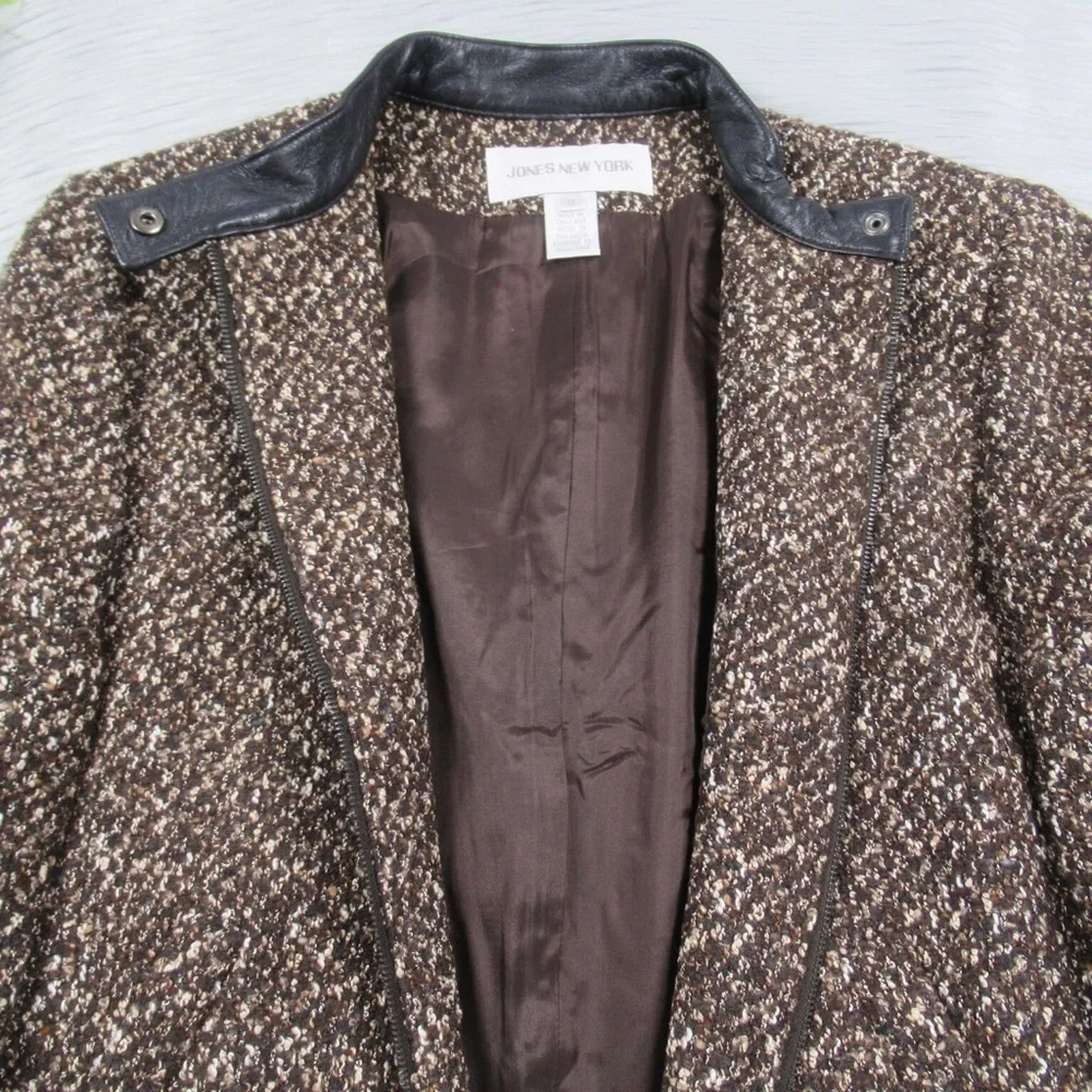 JONES NEW YORK Brown Vintage Leather & Tweed Zip Front Jacket Women’s Size 8